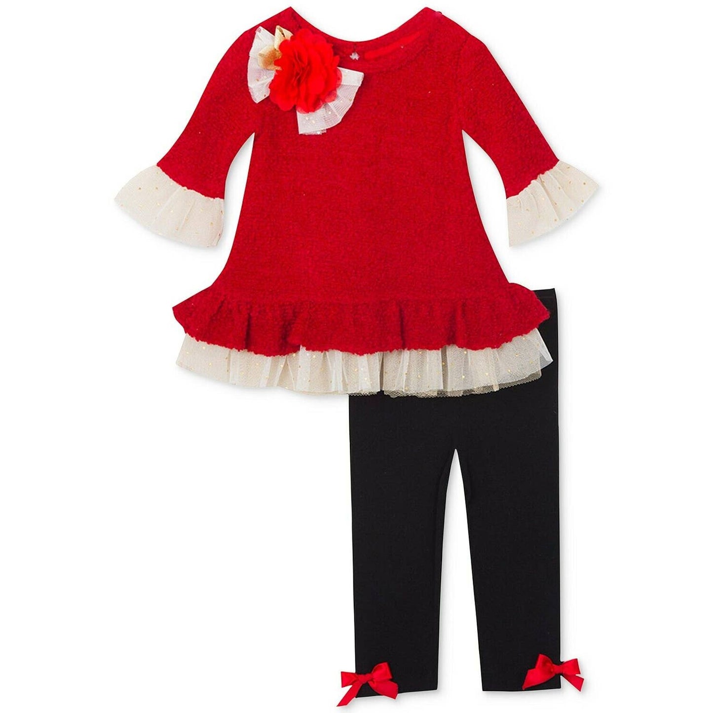 RARE EDITIONS Girls Red Tunic Black Legging Set, Tulle Trim Flower, 6X NWT!, $38