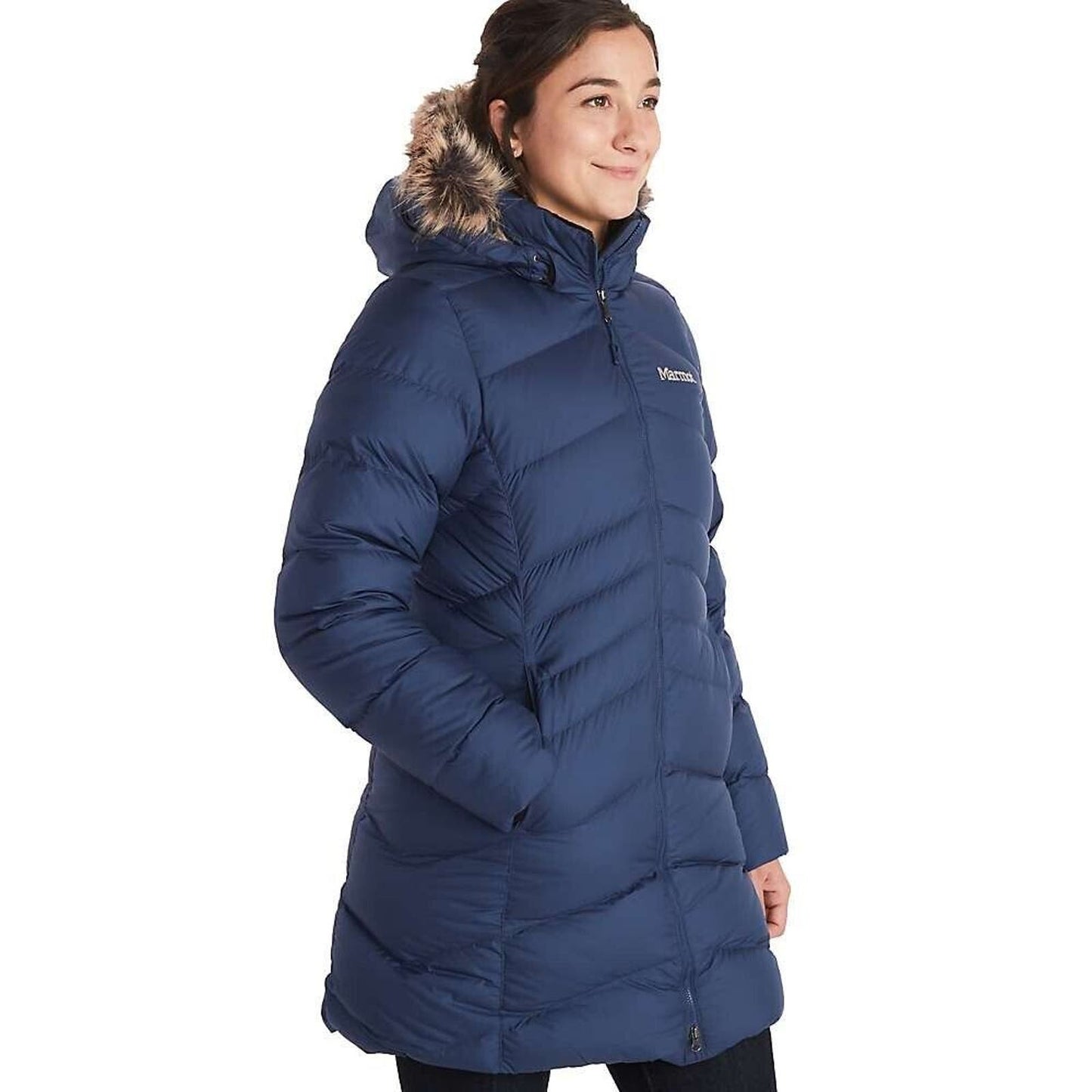 Marmot Montreal Womens Hooded Faux-Fur-Trim Midnight Navy Parka, M NWT $285