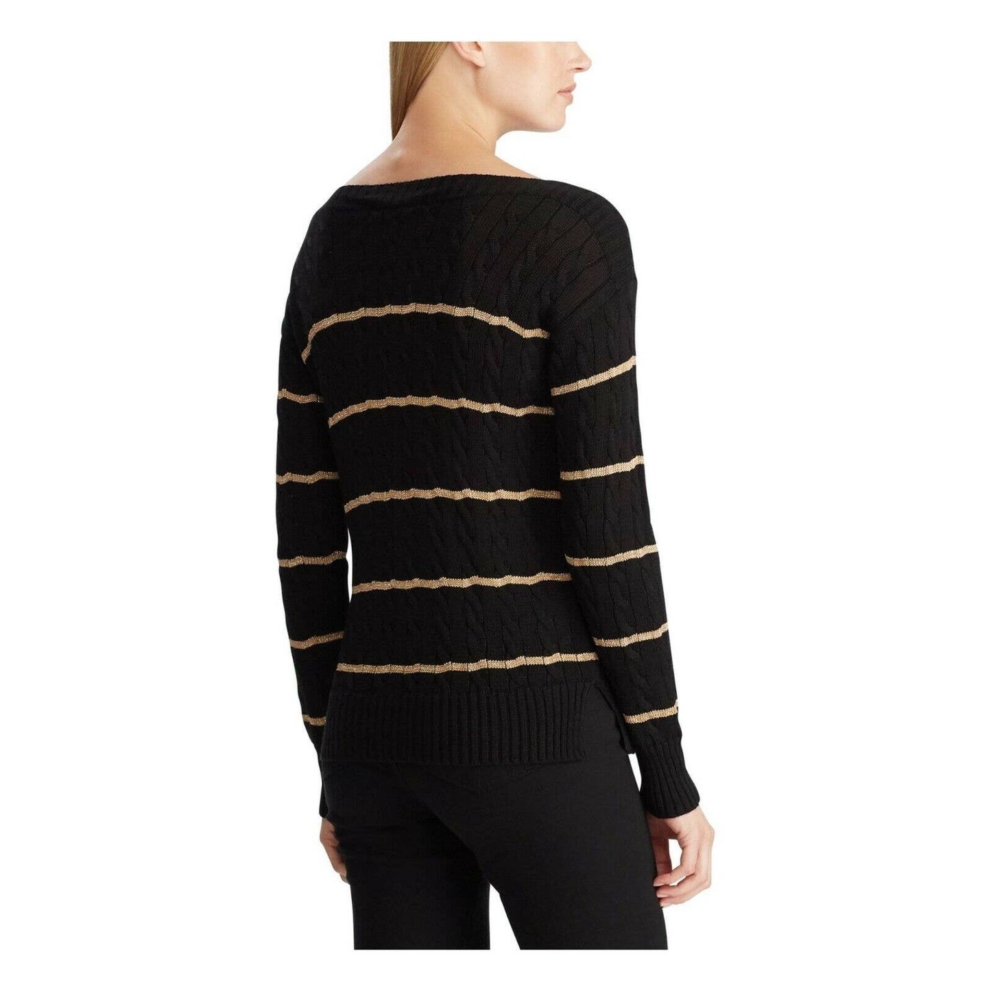 LAUREN RALPH LAUREN LADIES VEDORAH STRIPE SWEATER BOAT NECK BLACK/GOLD NWT $125