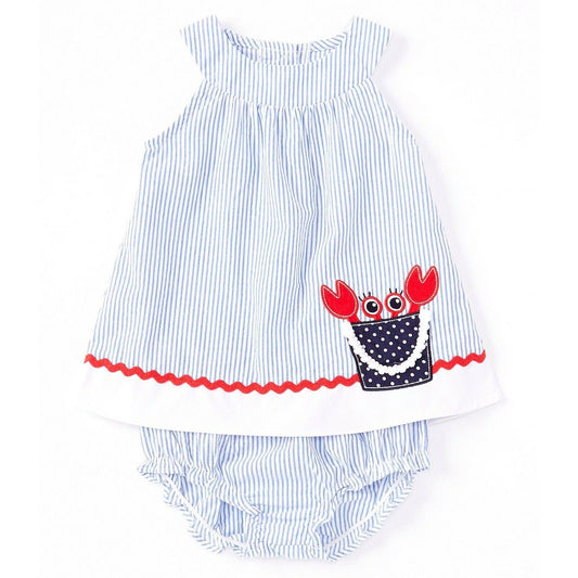 STARTING OUT, Blue & White Striped Lobster Pail Dress w/ Bloomers, NWT, $24