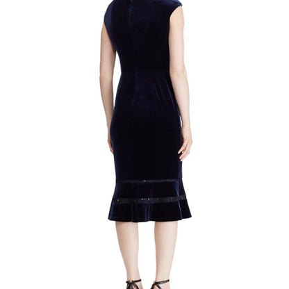 Ralph Lauren Navy Blue Velvet "Beekman" Dress w Fluted Hem, Lace Accents