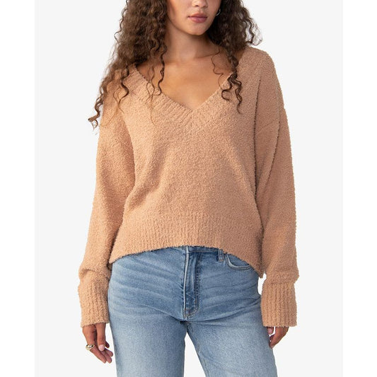 Sanctuary Womens Plush Long Sleeve V-Neck Fuzzy Sweater Maple