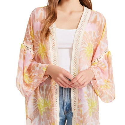 Steve Madden Sheer Pink & Yellow Tie Dye Kimono w/ Knit Neckline, OSFM, NWT!!