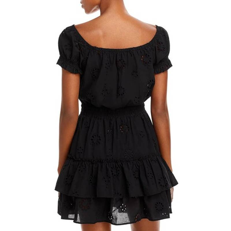 AQUA Ladies Black Smocked Floral Eyelet Mini Dress, Off-the-Shoulder, NWT!