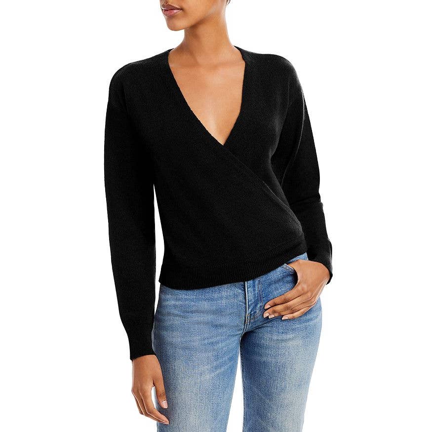 AQUA Cashmere Ladies Black Faux-Wrap Front Sweater, Size XS, NWT!