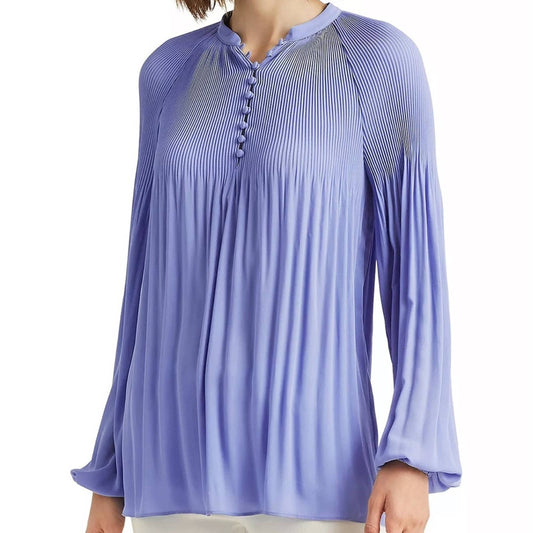 Lauren Ralph Lauren Blue Loch Blouse w/ Pleated Accents & Button-Up Front, NWT!