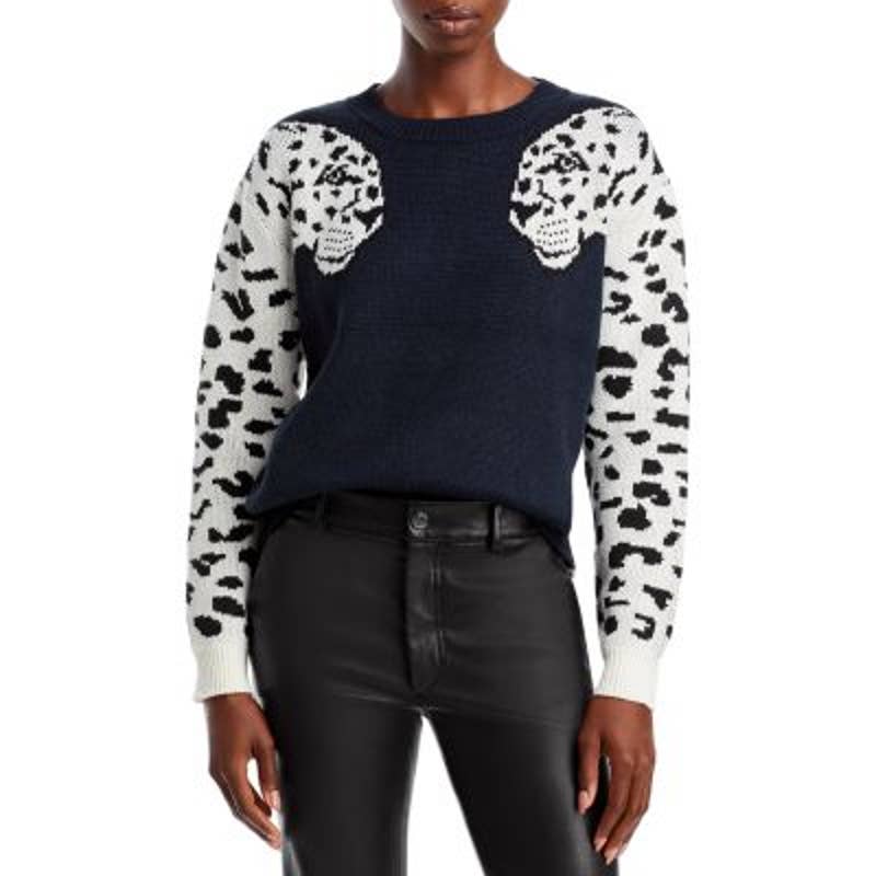 AQUA Ladies Black & White Double Leopard Sleeve Crewneck Sweater, Size Small NWT