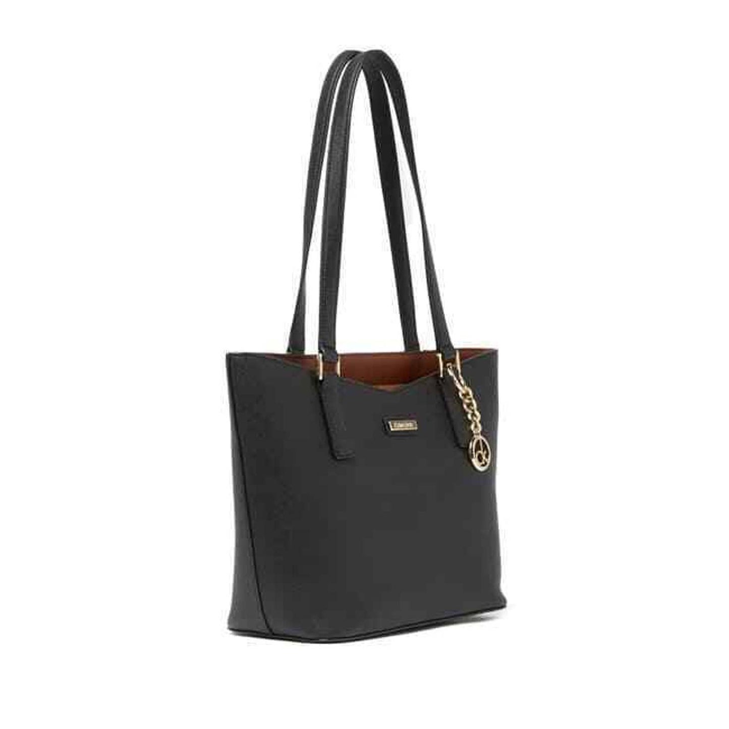 CALVIN KLEIN KEY SAFFIANO LEATHER TOTE DOUBLE STRAP, BLACK GOLD NWT $198