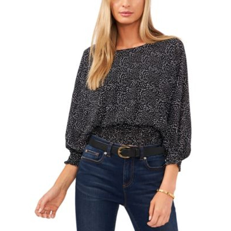 Vince Camuto Women's Black & White Smocked Elastic Blouse, Size XXS