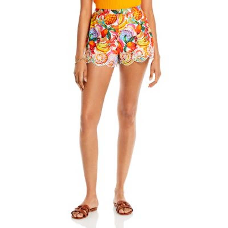 AQUA Ladies Bright Orange Fruit Print Shorts, Eyelet Accents, Scalloped Hem, XS