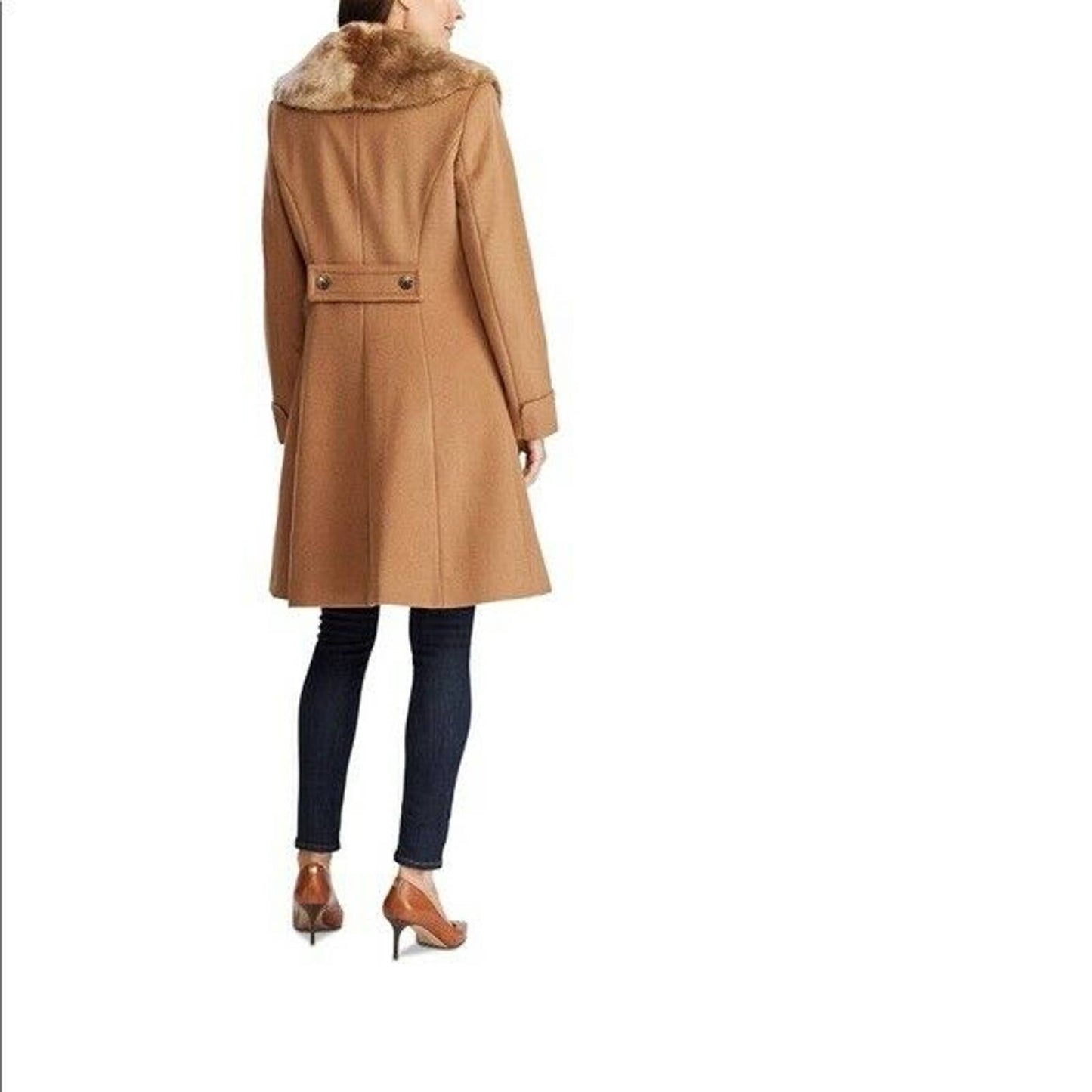 Lauren Ralph Lauren Ladies Faux-Fur-Collar Walker Coat Vicuna Brown 14, NWT