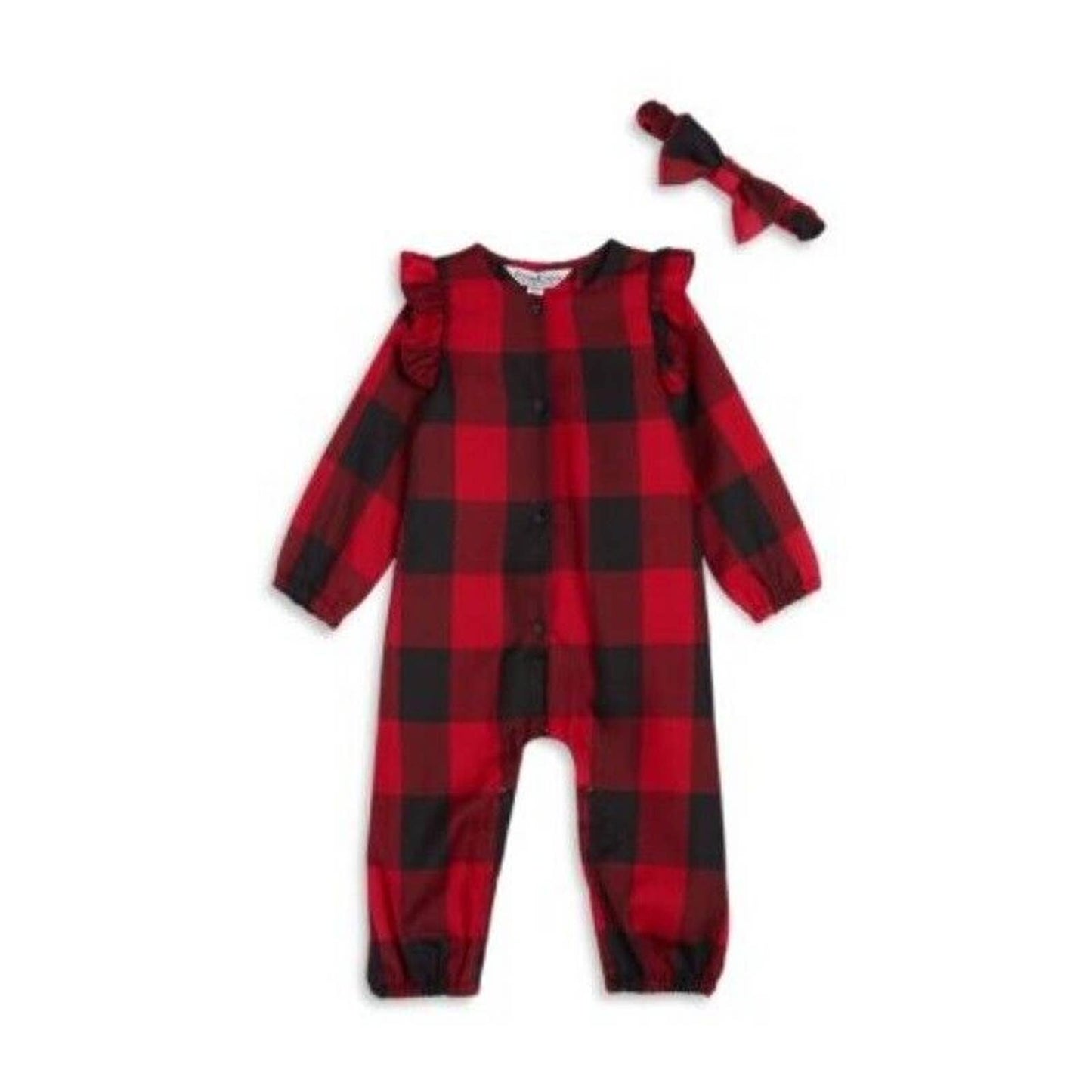 Pippa & Julie Girls' Buffalo Plaid Ruffled Coverall 3/6, Matching Headband, NWT