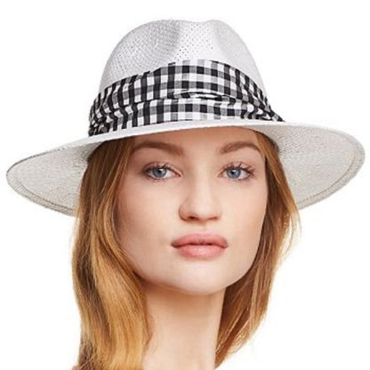 Helene Berman White Straw Fedora w/ Black & White Gingham Band