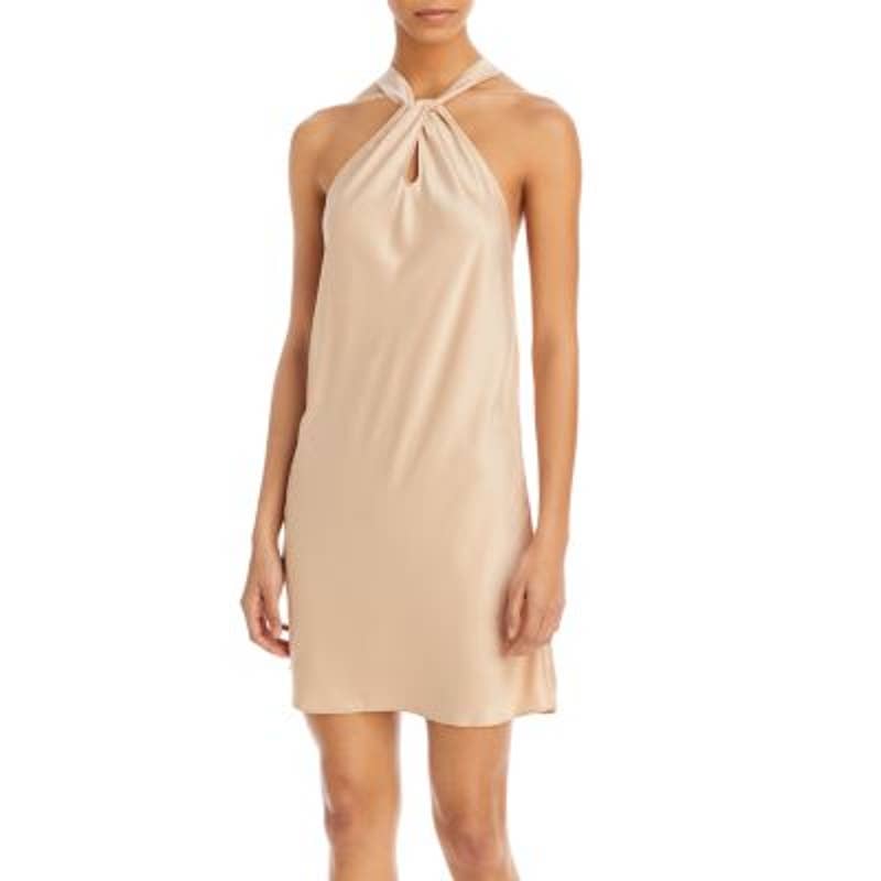 AQUA Ladies Champagne Gold Halter Neck Twist Mini Dress, NWT!