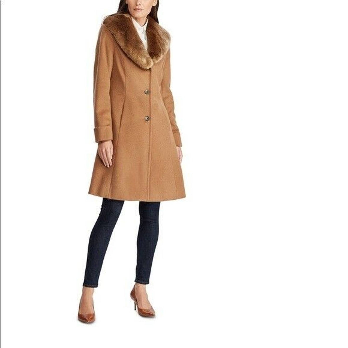 Lauren Ralph Lauren Ladies Faux-Fur-Collar Walker Coat Vicuna Brown 14, NWT