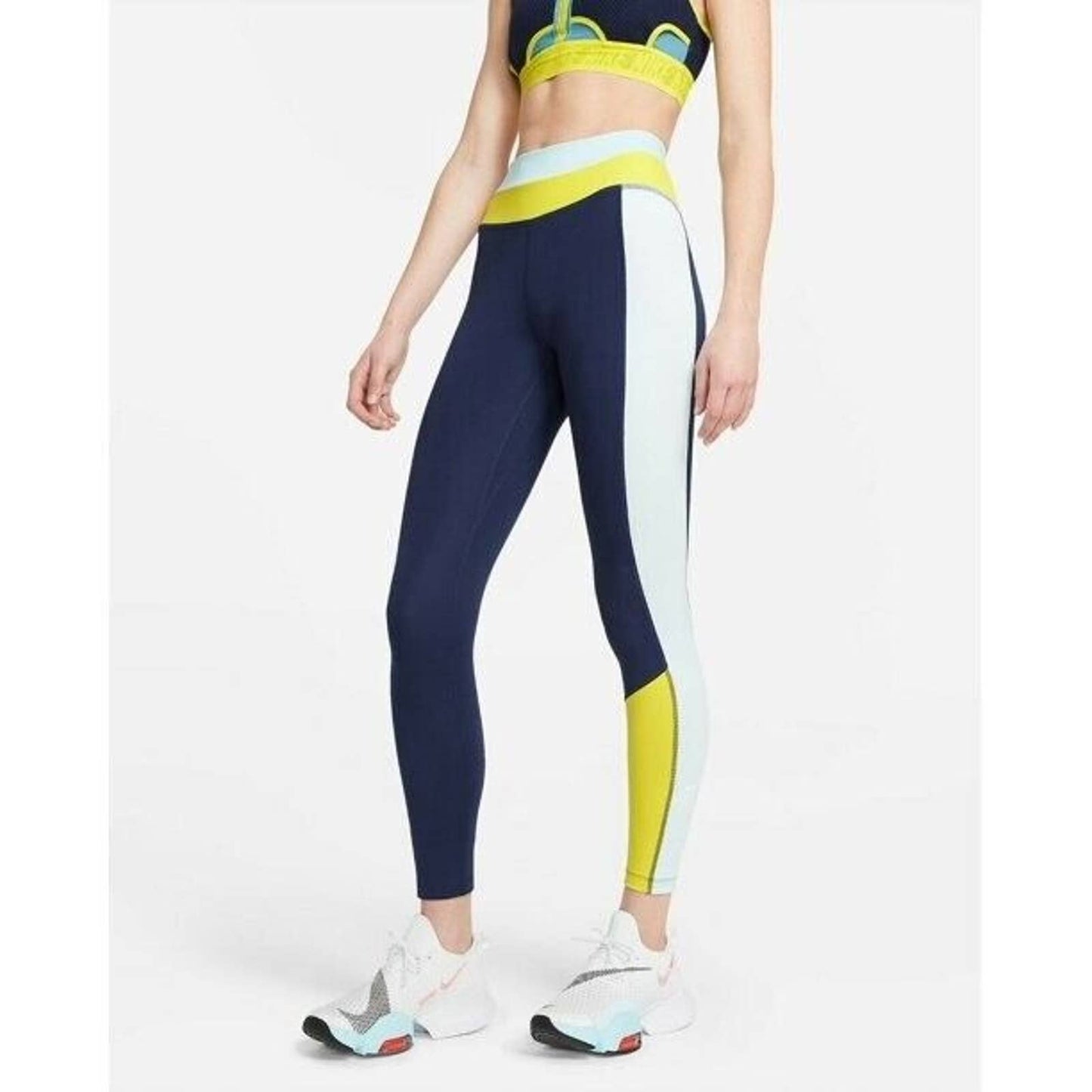 NIKE WOMEN'S COLORBLOCK DRI FIT LEGGINGS MIDNIGHT NAVY GLACIER, NWT