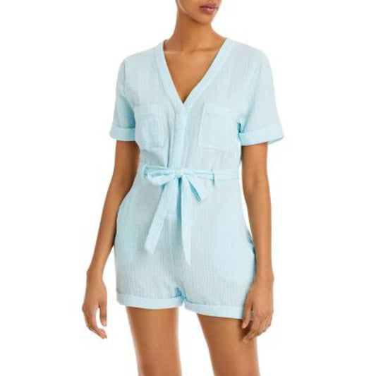 AQUA Ladies Light Blue Gauzy Short Sleeve Button Front Romper, Waist Tie