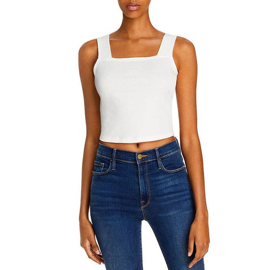 AQUA Ladies White Ribbed Square Neck Cropped Tank Top