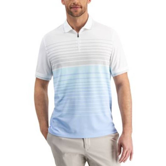 Club Room Men's Sporty Stripe Print Polo Shirt, White & Light Blue, NWT!