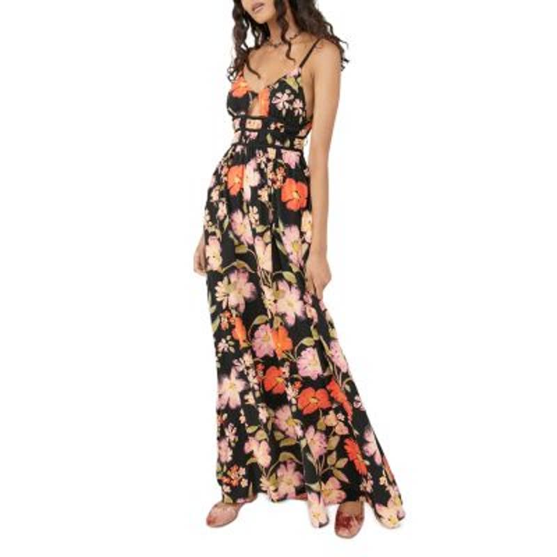 Free People Ladies Black & Yellow Floral Print "Wisteria" Maxi Dress, Size XS