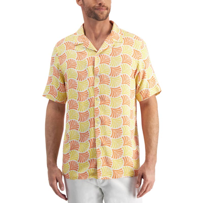 Club Room Men's Orange Poppy Perola Fern Print Button Down