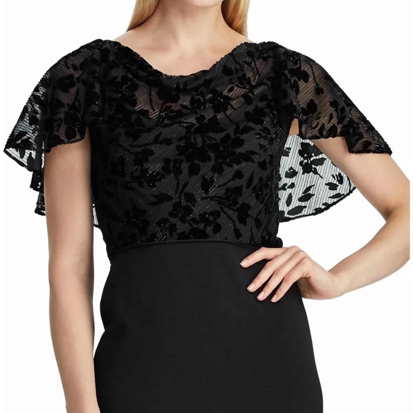 Ralph Lauren Black Sheath Dress, Ruffle Cap Sleeves, Velvet Embossed