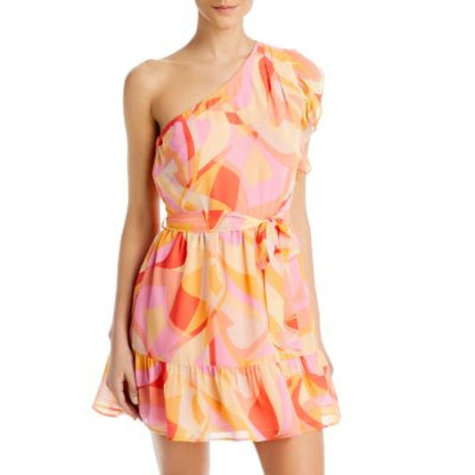 AQUA Ladies Abstract One Shoulder Ruffle Dress, Orange & Pink, Size Medium, NWT!