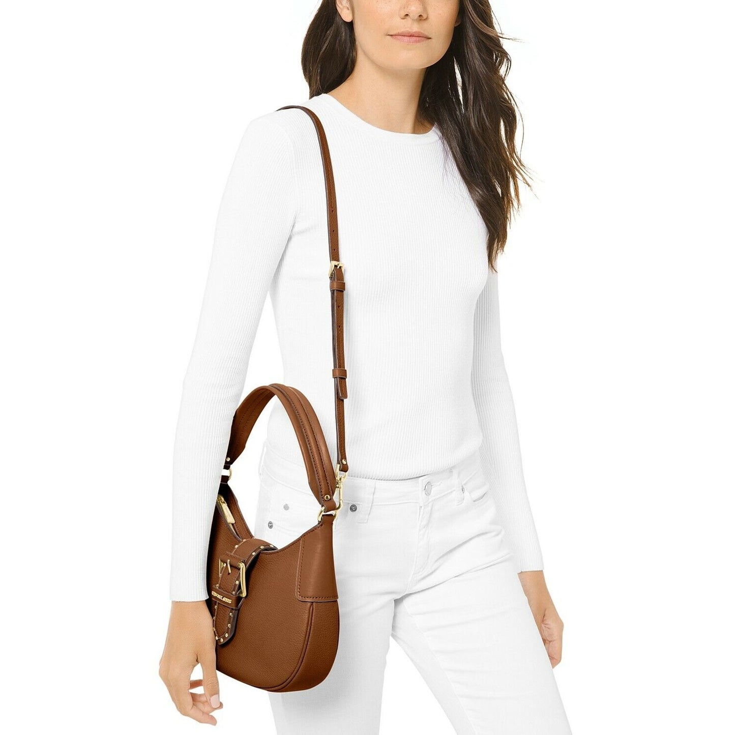Michael Kors “Lillian” Small Brown Pebbled Leather Shoulder Bag, Gold Hardware