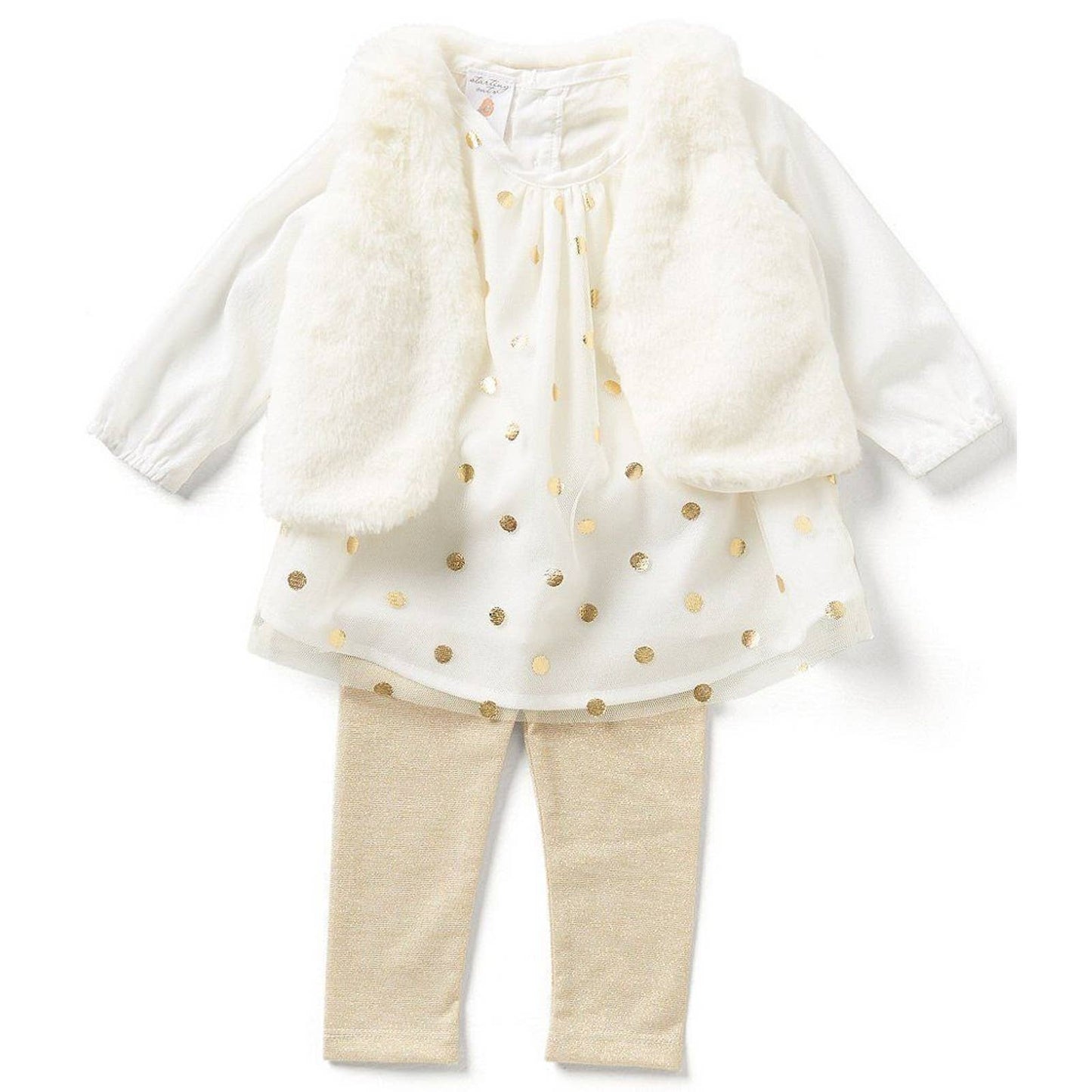 STARTING OUT Girls 3 PC Set Ivory Top, Gold Leggings and Faux Fur Vest, NWT!