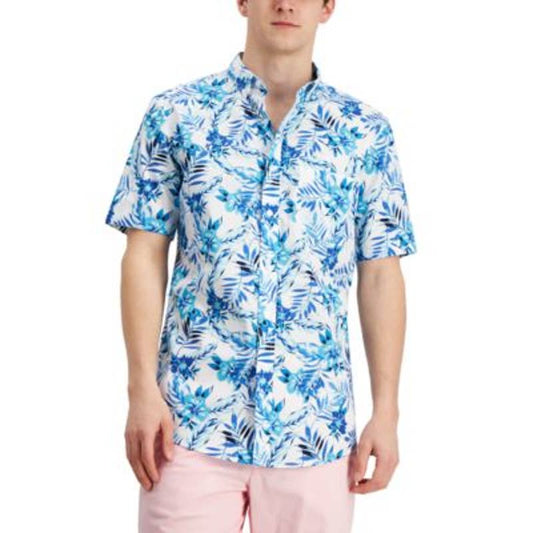 Club Room Men's Bright White & Blue Floral Print Button Down Shirt, Size M, NWT!
