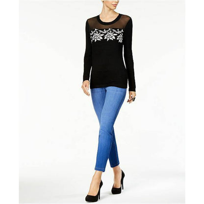 THALIA SODI LADIES FLORAL TONE ON TONE SALVADOR DETAIL BLOUSE, BLACK