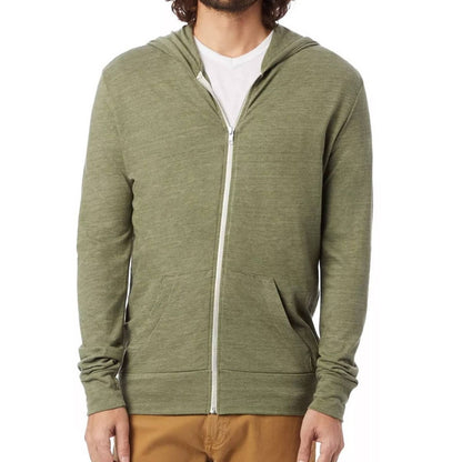 Alternative Men’s “True Army Green” Zip Up Hoodie, Drawstring Hood