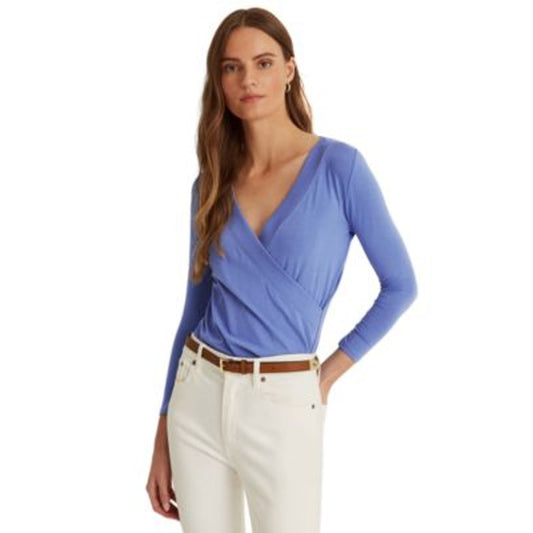 Lauren Ralph Lauren Women's Blue Loch Surplice Jersey Wrap Front Blouse, Large