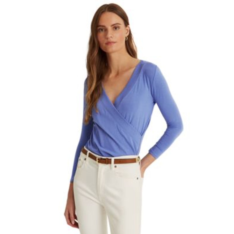 Lauren Ralph Lauren Women's Blue Loch Surplice Jersey Wrap Front Blouse, Large