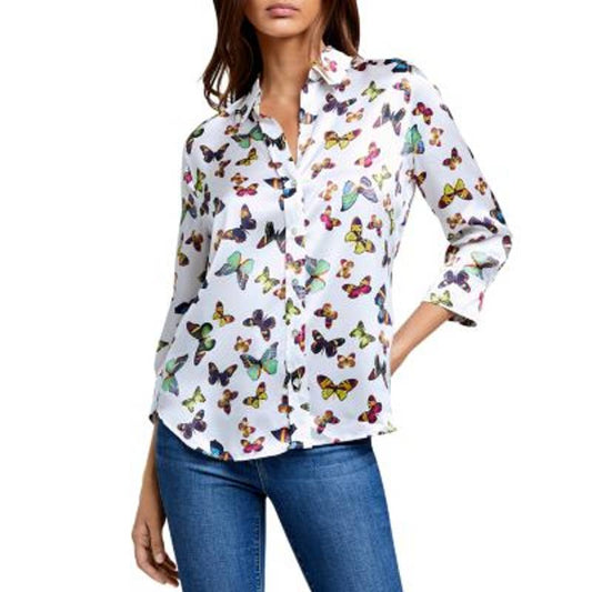 L'Agence Ladies White & Neon Butterfly Print 3/4 Sleeve Top, Size Small, NWT!