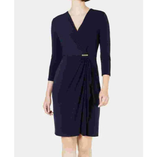 Charter Club Ladies Deepest Navy Faux Wrap Dress, 3/4 Sleeve, Size Petite Small
