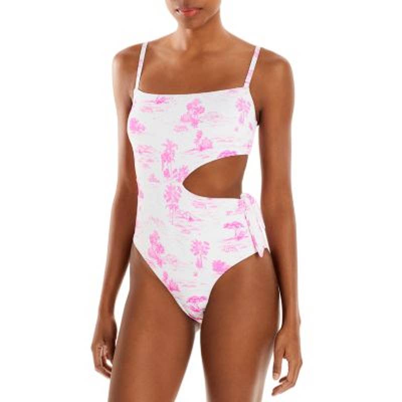 AQUA Ladies Sashed Cut Out One Piece Swimsuit, White & Pink Jungle Print, XS NWT