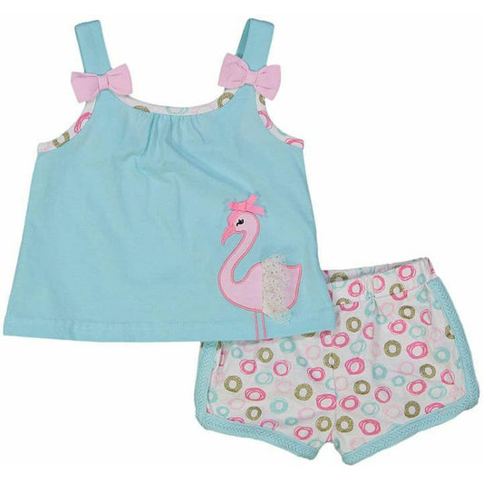 BABY ESSENTIALS GIRLS Flamingo Short Set Turquoise Pink Spring Summer 18M, NWT!