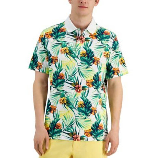Club Room Men's Bright White Tropical Retreat Print Polo Shirt, NWT!