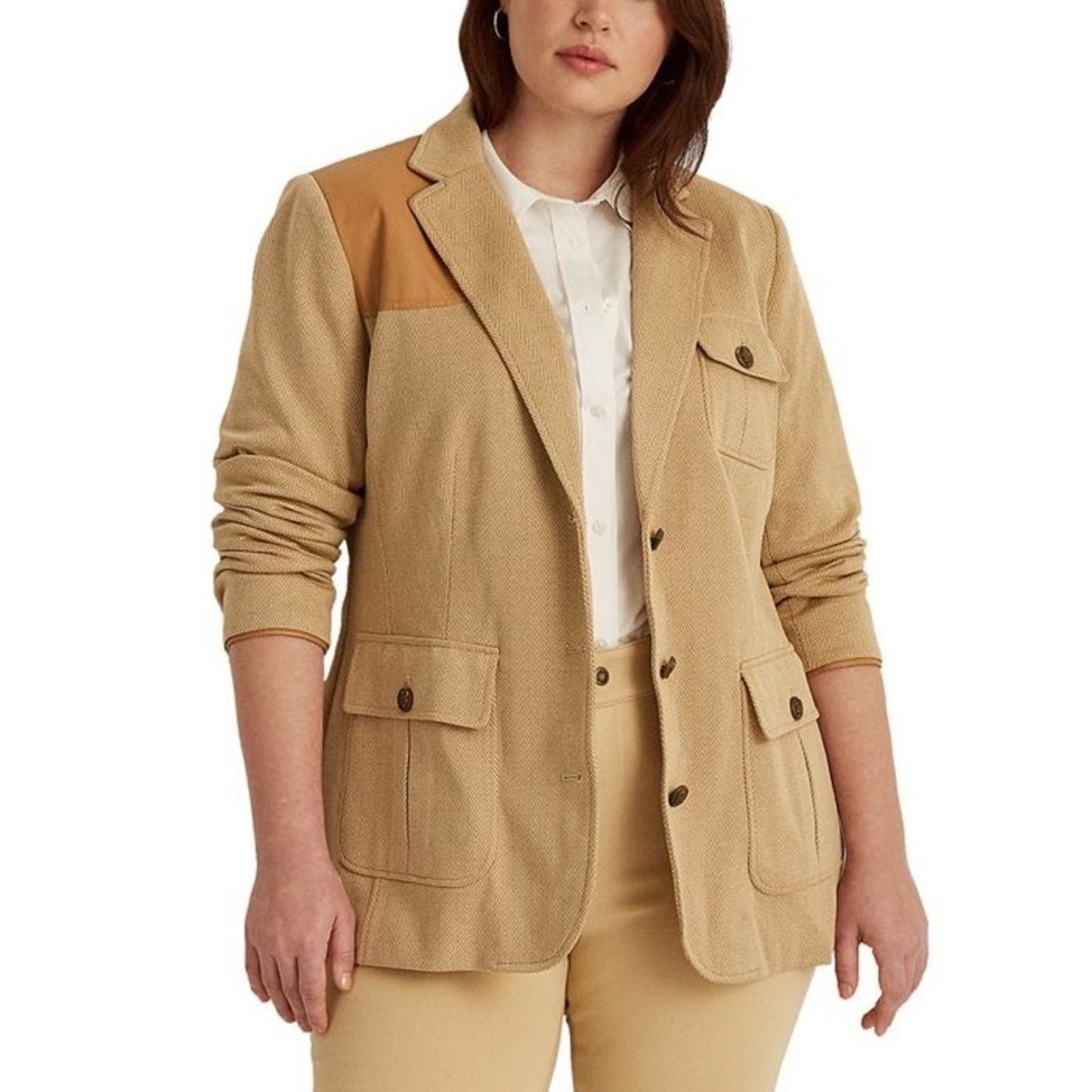 Ralph Lauren Women’s Tan Chevron Blazer w/ Leather Shoulder Patch, Size 14