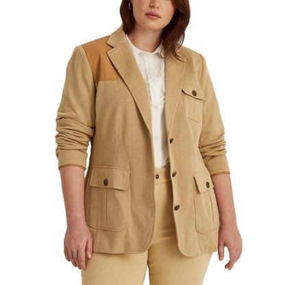 Ralph Lauren Women’s Tan Chevron Blazer w/ Leather Shoulder Patch, Size 14