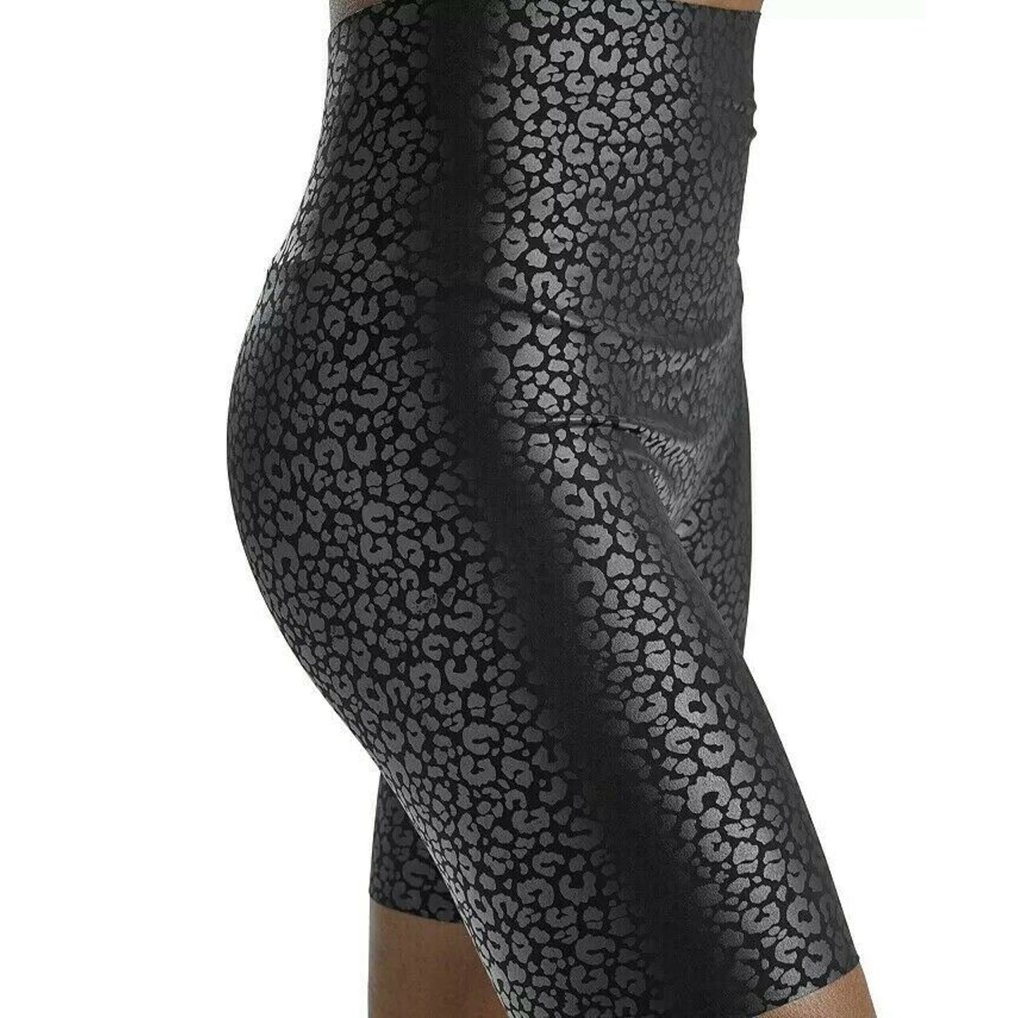 HUE Ladies Sleek Effects High Rise Biker Shorts, Black Leopard Embossed