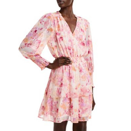 AQUA Ladies Pink & Orange Abstract Print V-Neck Mini Dress, Size Medium, NWT!