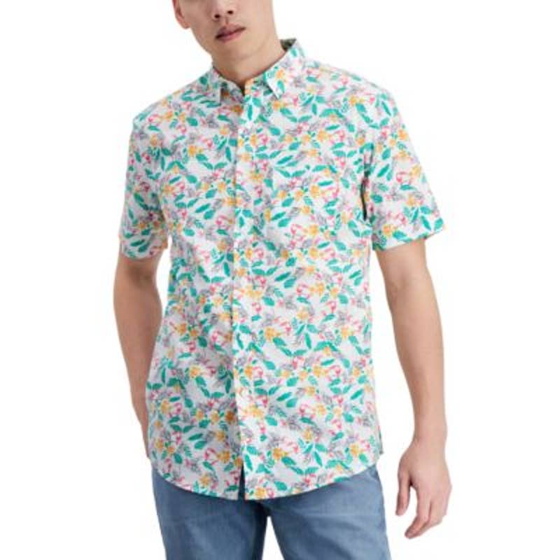 Club Room Men's Regular Fit Tropical Toucan Bright White Button Up Shirt, NWT!