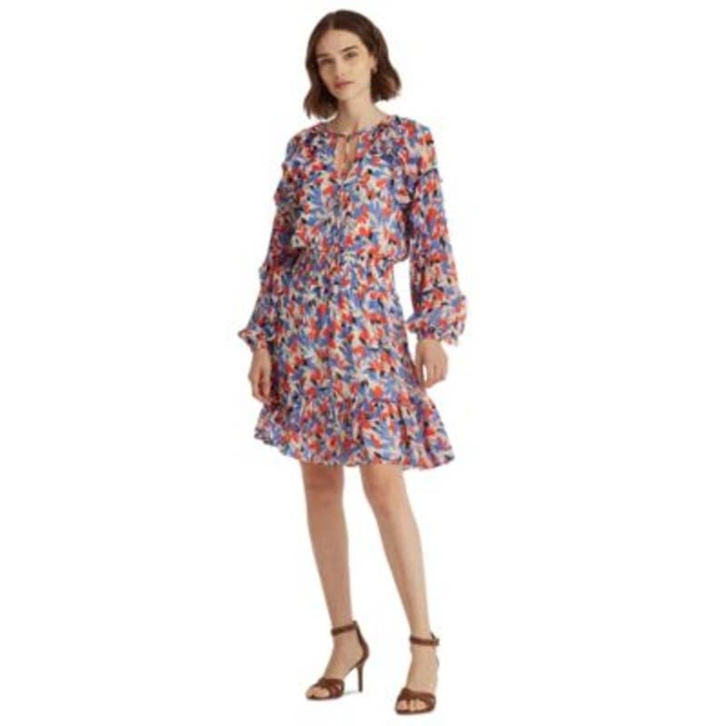 Lauren Ralph Lauren Women's Blue & Orange Crinkled Floral Dress, Size 14