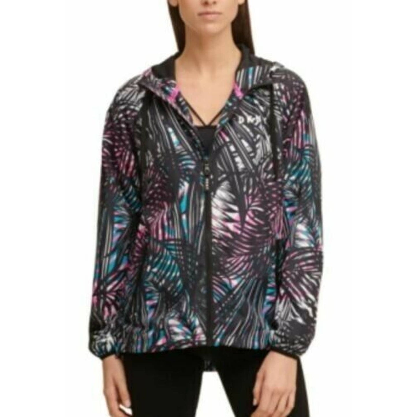 DKNY Women's Tropic Shade Printed Windbreak Laser Pink Black, SM NWT, $139