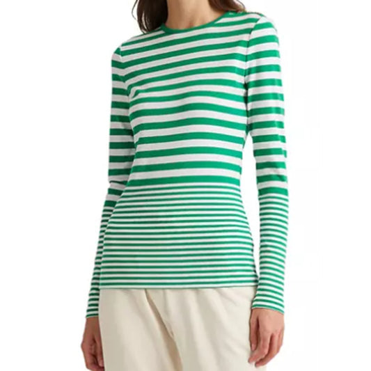 Lauren Ralph Lauren Women's White & Green Striped Cotton Shirt, Long Sleeve, Size Medium