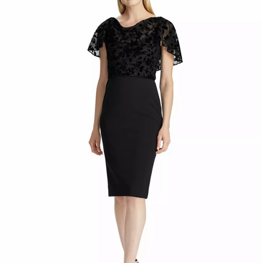 Ralph Lauren Black Sheath Dress, Ruffle Cap Sleeves, Velvet Embossed