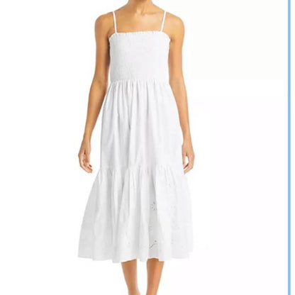 AQUA Ladies White Smocked Eyelet Midi Dress, Adjustable Spaghetti Straps