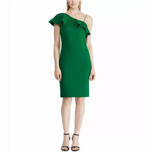 Ralph Lauren Green One Shoulder “Retah” Cocktail Dress